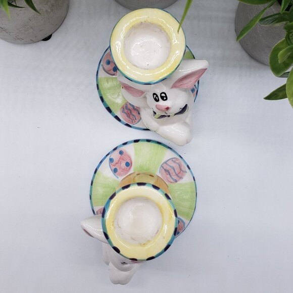 Easter Rabbit Ceramic Hand Painted Candle Stick Holders Set of 2 - Picture 3 of 7